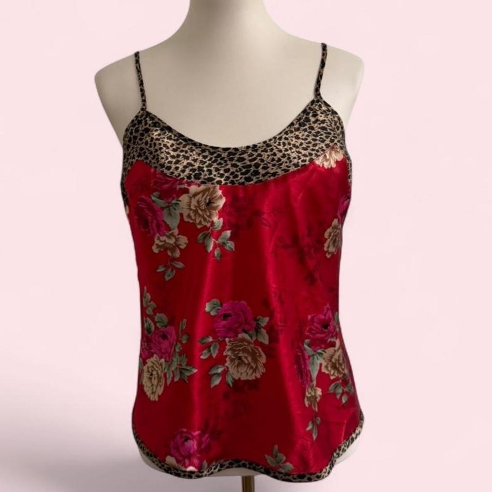 Y2K Red Floral Satin Cami Top Leopard Print Trim Spaghetti Strap Size L